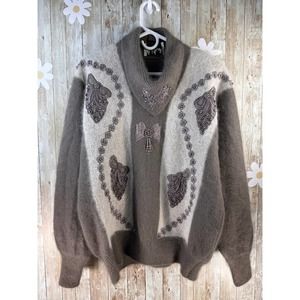 TALK OF THE WALK Vintage Sweater Womens 2XL Taupe Oatmeal Beaded‎ Angora Blend
